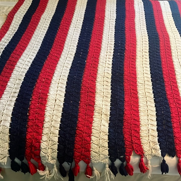 Handmade crocheted afghan red white and blue strips with tassels - Picture 2 of 10